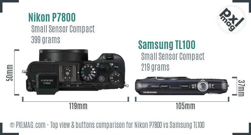 Nikon P7800 vs Samsung TL100 top view buttons comparison