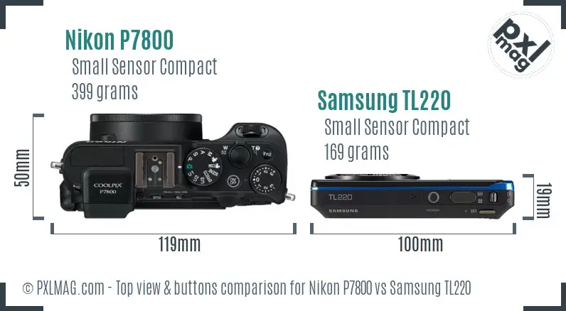 Nikon P7800 vs Samsung TL220 top view buttons comparison