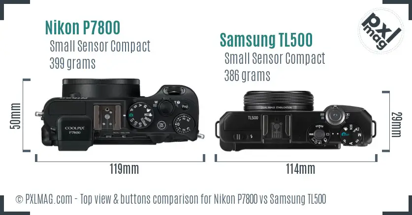 Nikon P7800 vs Samsung TL500 top view buttons comparison