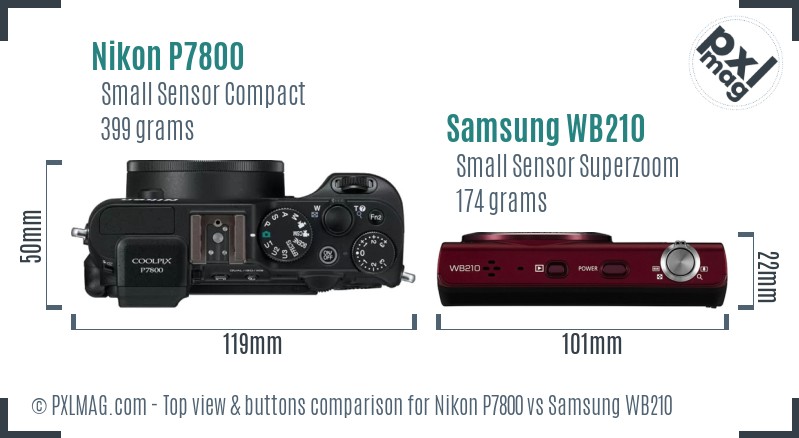 Nikon P7800 vs Samsung WB210 top view buttons comparison