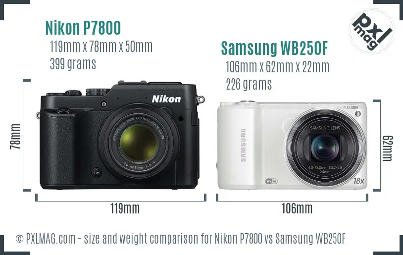 Nikon P7800 vs Samsung WB250F size comparison