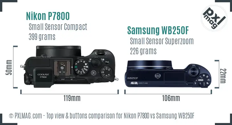 Nikon P7800 vs Samsung WB250F top view buttons comparison