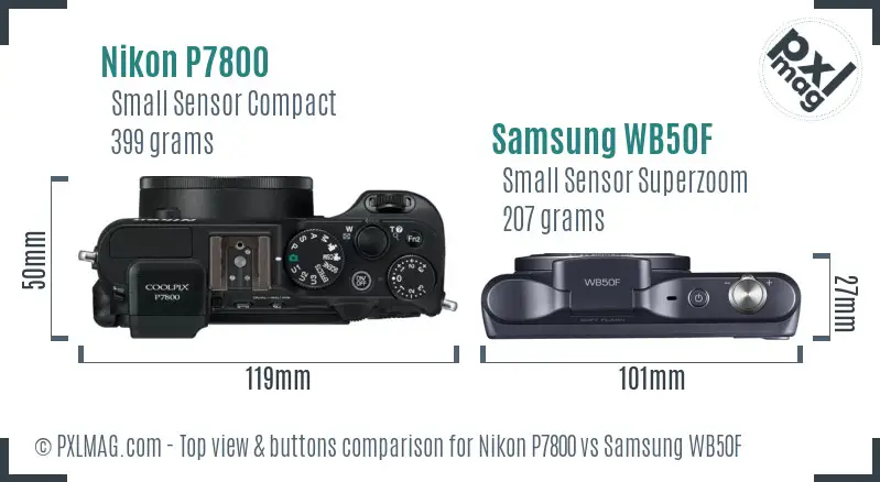 Nikon P7800 vs Samsung WB50F top view buttons comparison