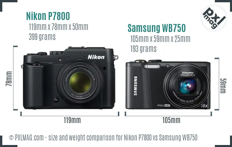 Nikon P7800 vs Samsung WB750 size comparison