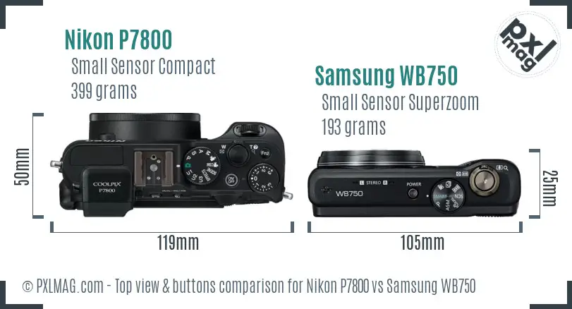 Nikon P7800 vs Samsung WB750 top view buttons comparison