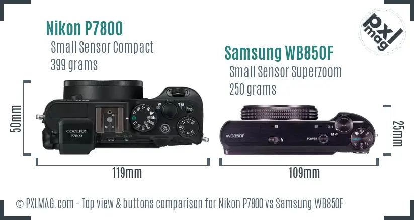 Nikon P7800 vs Samsung WB850F top view buttons comparison Nikon P7800 vs Samsung WB850F top view buttons comparison