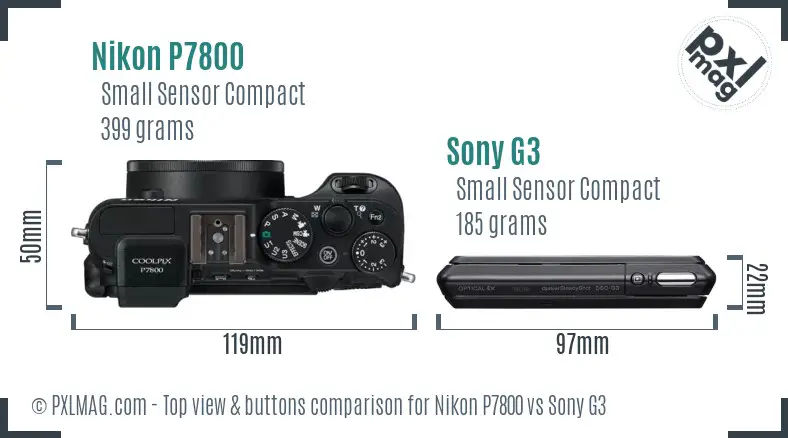 Nikon P7800 vs Sony G3 top view buttons comparison