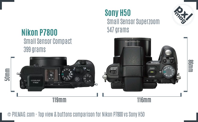 Nikon P7800 vs Sony H50 top view buttons comparison