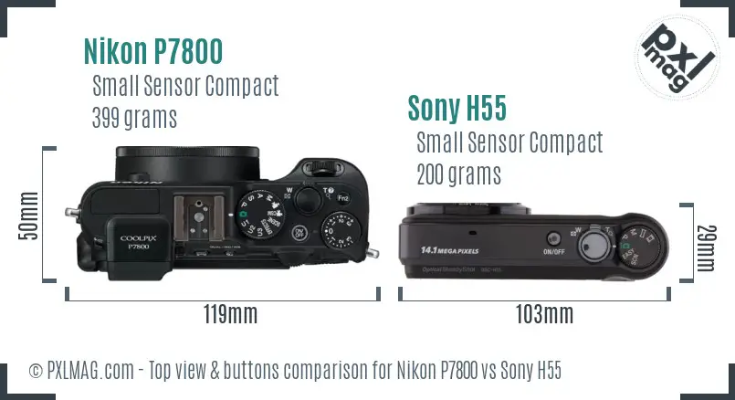 Nikon P7800 vs Sony H55 top view buttons comparison