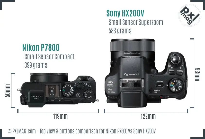 Nikon P7800 vs Sony HX200V top view buttons comparison