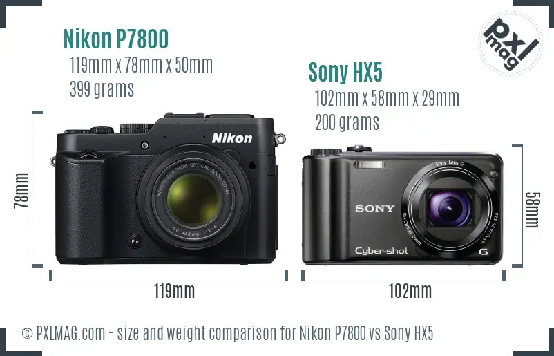 Nikon P7800 vs Sony HX5 size comparison