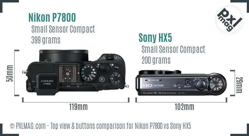 Nikon P7800 vs Sony HX5 top view buttons comparison