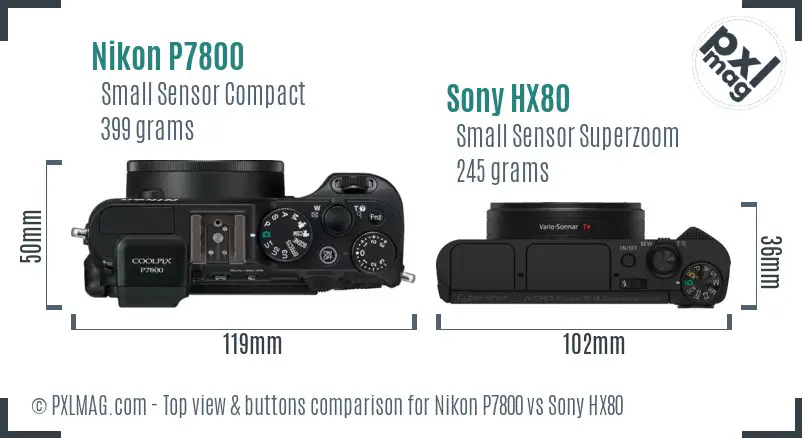 Nikon P7800 vs Sony HX80 top view buttons comparison