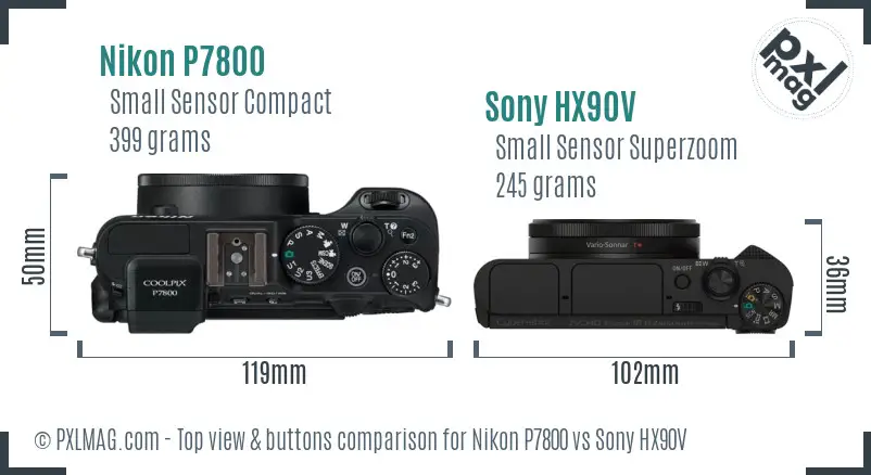 Nikon P7800 vs Sony HX90V top view buttons comparison