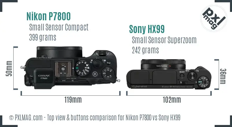 Nikon P7800 vs Sony HX99 top view buttons comparison