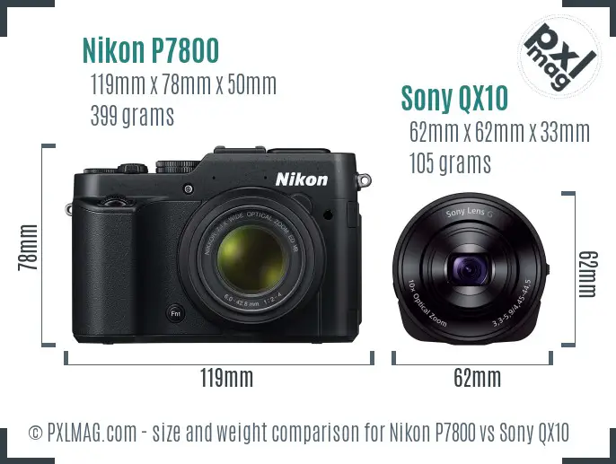 Nikon P7800 vs Sony QX10 size comparison