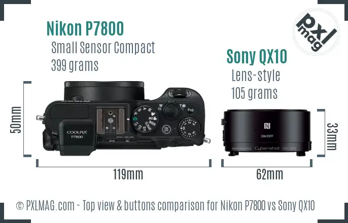 Nikon P7800 vs Sony QX10 top view buttons comparison