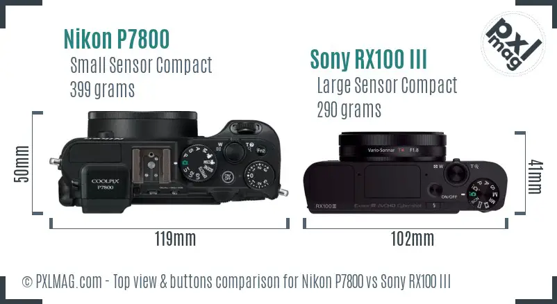 Nikon P7800 vs Sony RX100 III top view buttons comparison