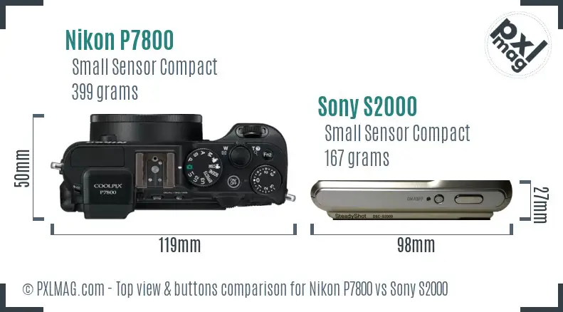 Nikon P7800 vs Sony S2000 top view buttons comparison