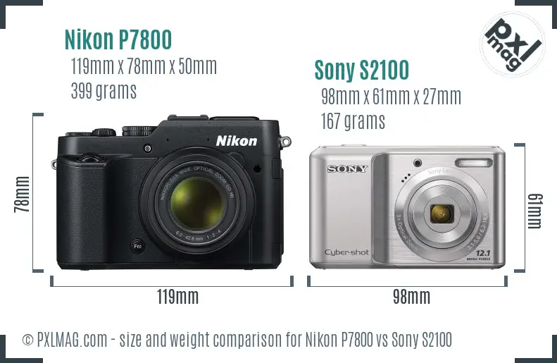 Nikon P7800 vs Sony S2100 size comparison