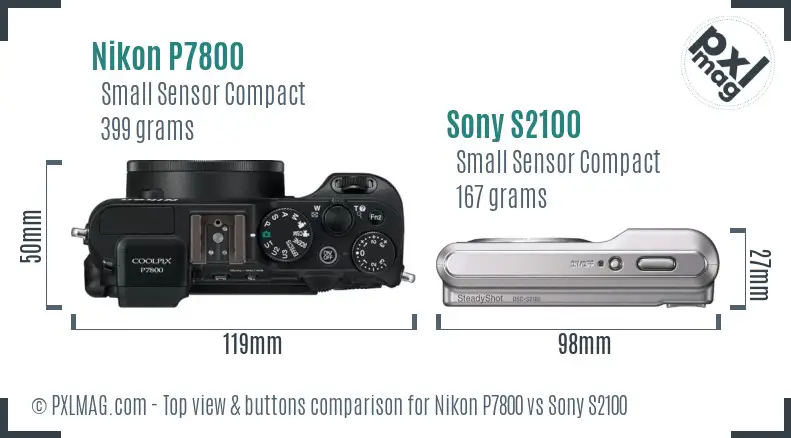 Nikon P7800 vs Sony S2100 top view buttons comparison