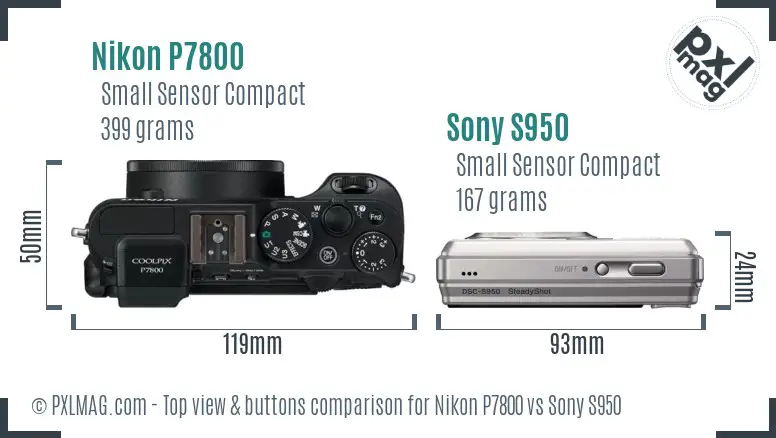 Nikon P7800 vs Sony S950 top view buttons comparison