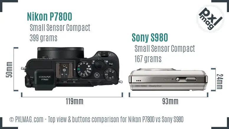 Nikon P7800 vs Sony S980 top view buttons comparison