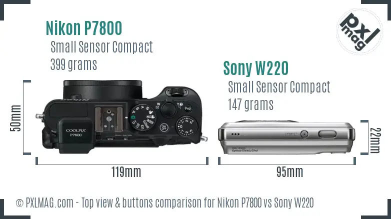 Nikon P7800 vs Sony W220 top view buttons comparison