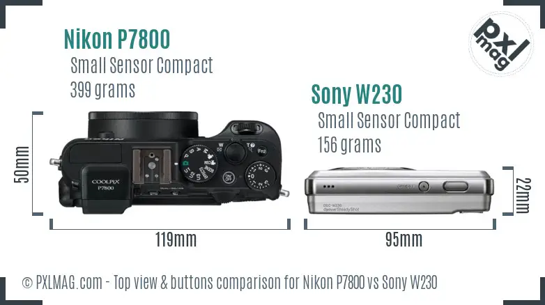 Nikon P7800 vs Sony W230 top view buttons comparison