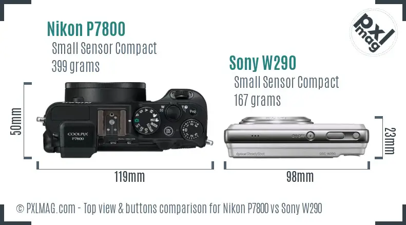 Nikon P7800 vs Sony W290 top view buttons comparison