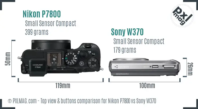 Nikon P7800 vs Sony W370 top view buttons comparison