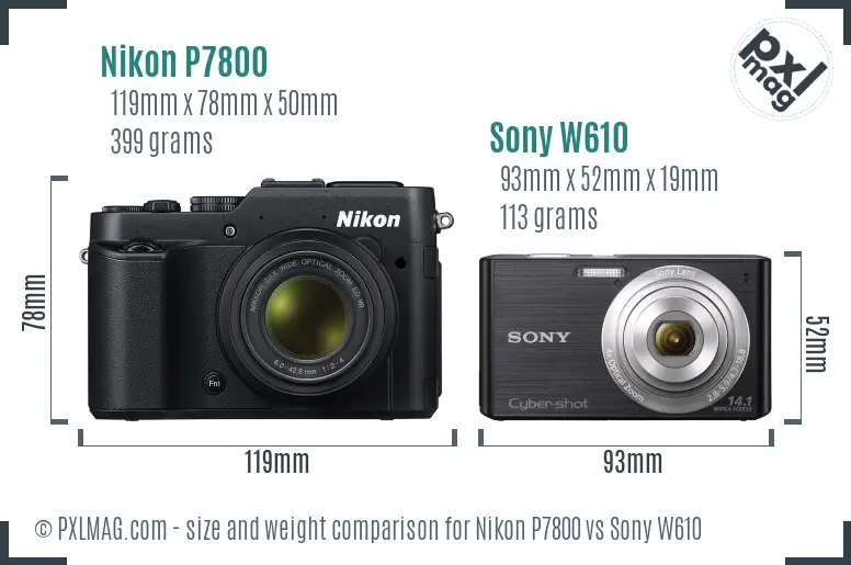 Nikon P7800 vs Sony W610 size comparison