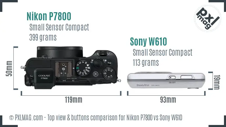 Nikon P7800 vs Sony W610 top view buttons comparison
