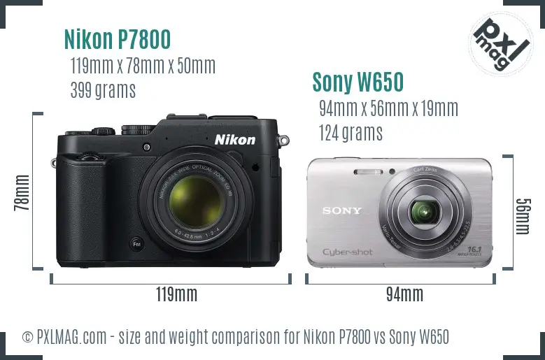 Nikon P7800 vs Sony W650 size comparison