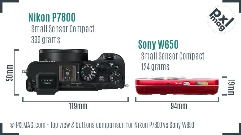 Nikon P7800 vs Sony W650 top view buttons comparison