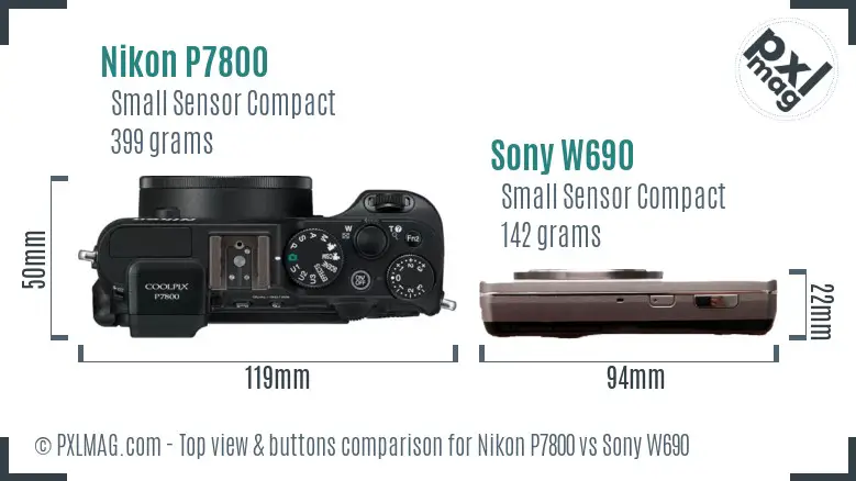 Nikon P7800 vs Sony W690 top view buttons comparison