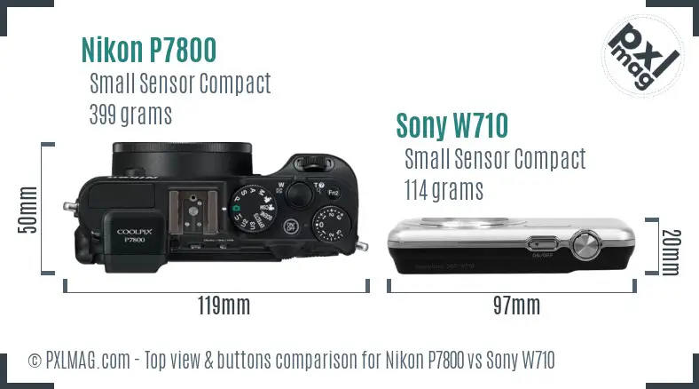 Nikon P7800 vs Sony W710 top view buttons comparison