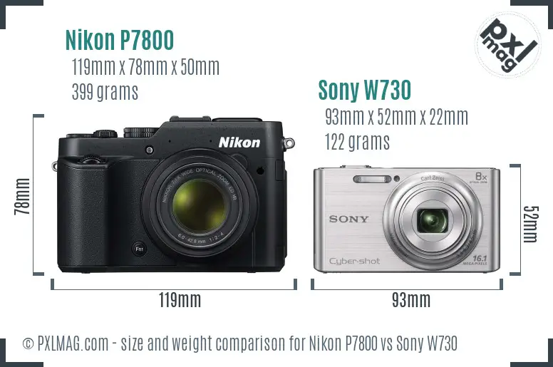 Nikon P7800 vs Sony W730 size comparison