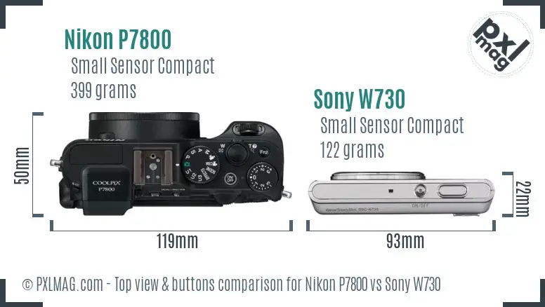Nikon P7800 vs Sony W730 top view buttons comparison