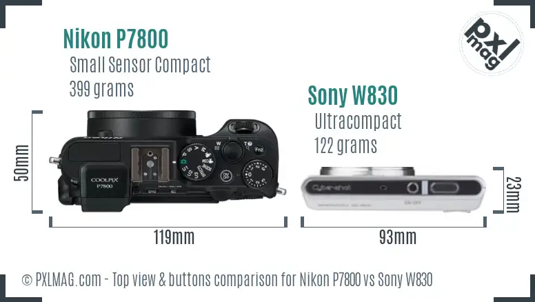 Nikon P7800 vs Sony W830 top view buttons comparison