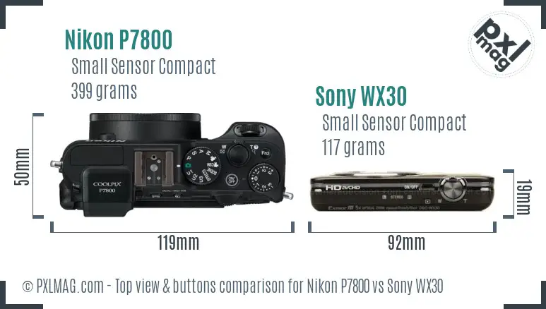 Nikon P7800 vs Sony WX30 top view buttons comparison