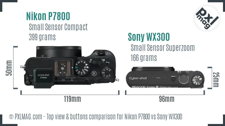 Nikon P7800 vs Sony WX300 top view buttons comparison