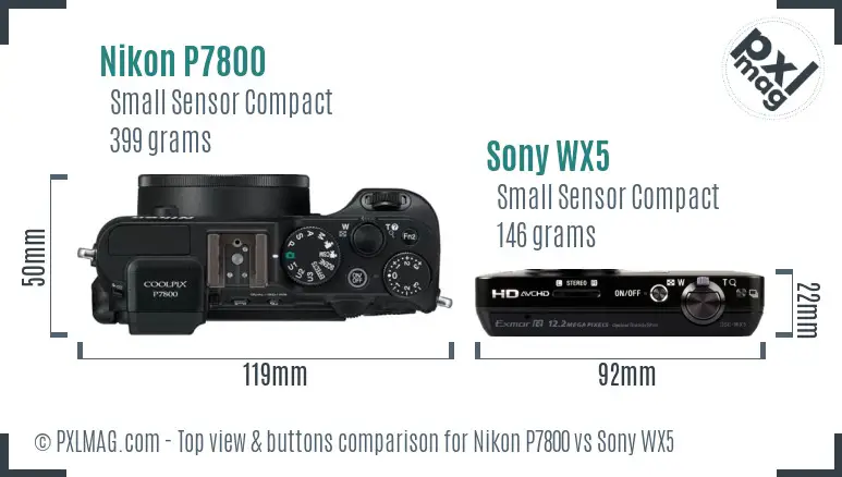 Nikon P7800 vs Sony WX5 top view buttons comparison