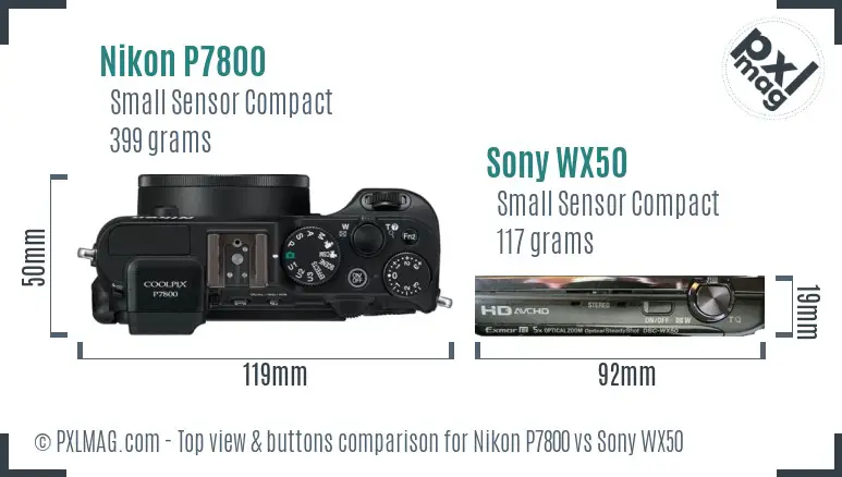 Nikon P7800 vs Sony WX50 top view buttons comparison