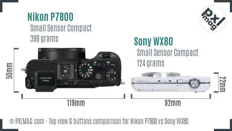 Nikon P7800 vs Sony WX80 top view buttons comparison