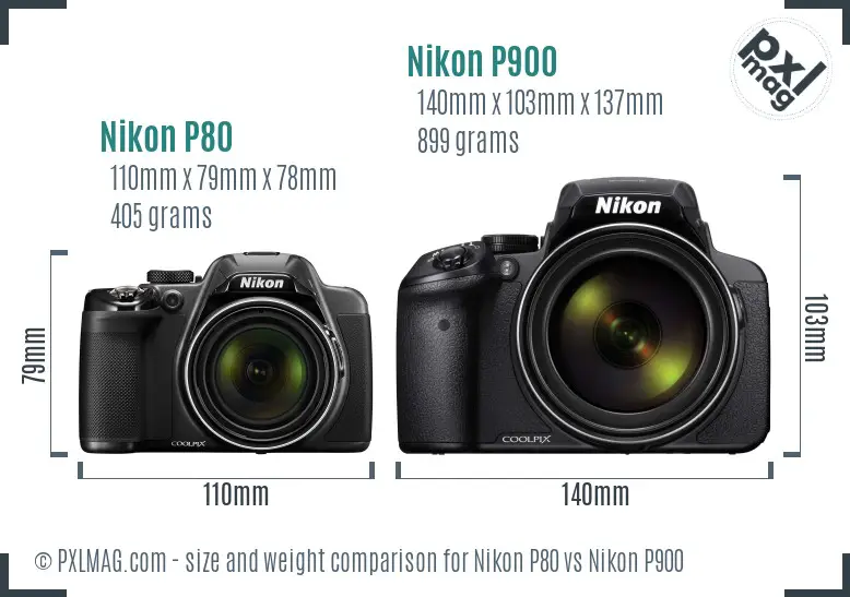 Nikon P80 vs Nikon P900 size comparison