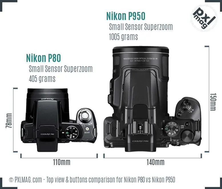 Nikon P80 vs Nikon P950 top view buttons comparison