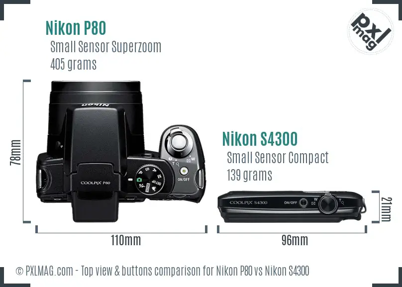 Nikon P80 vs Nikon S4300 top view buttons comparison