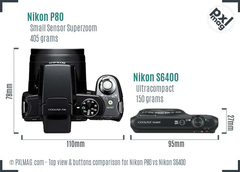 Nikon P80 vs Nikon S6400 top view buttons comparison