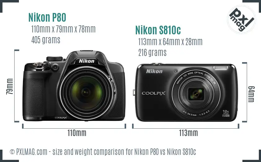 Nikon P80 vs Nikon S810c size comparison